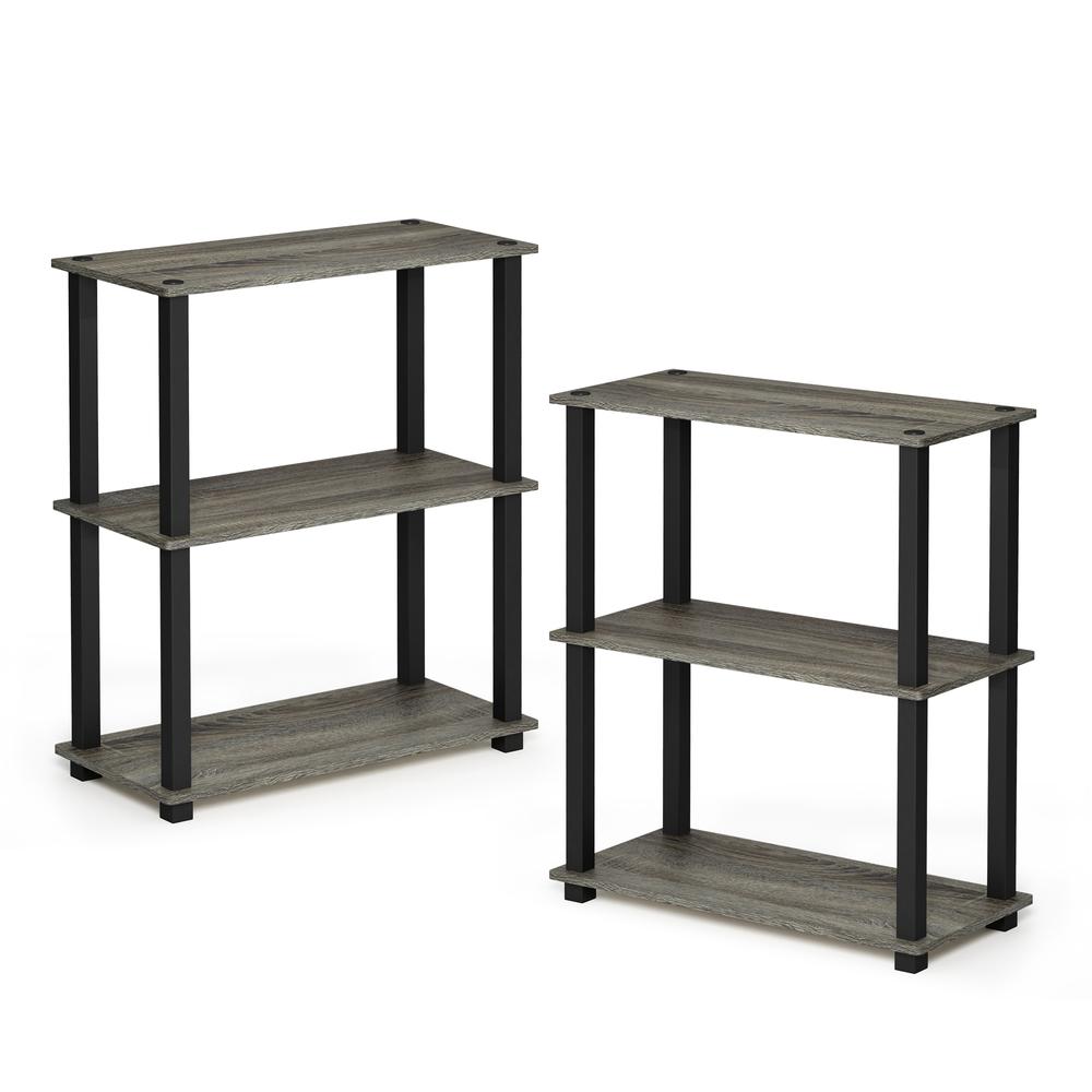 Furinno Turn-S-Tube 3-Tier Compact Multipurpose Shelf Display Rack with Square Tube, French Oak Grey/Black, Set of 2