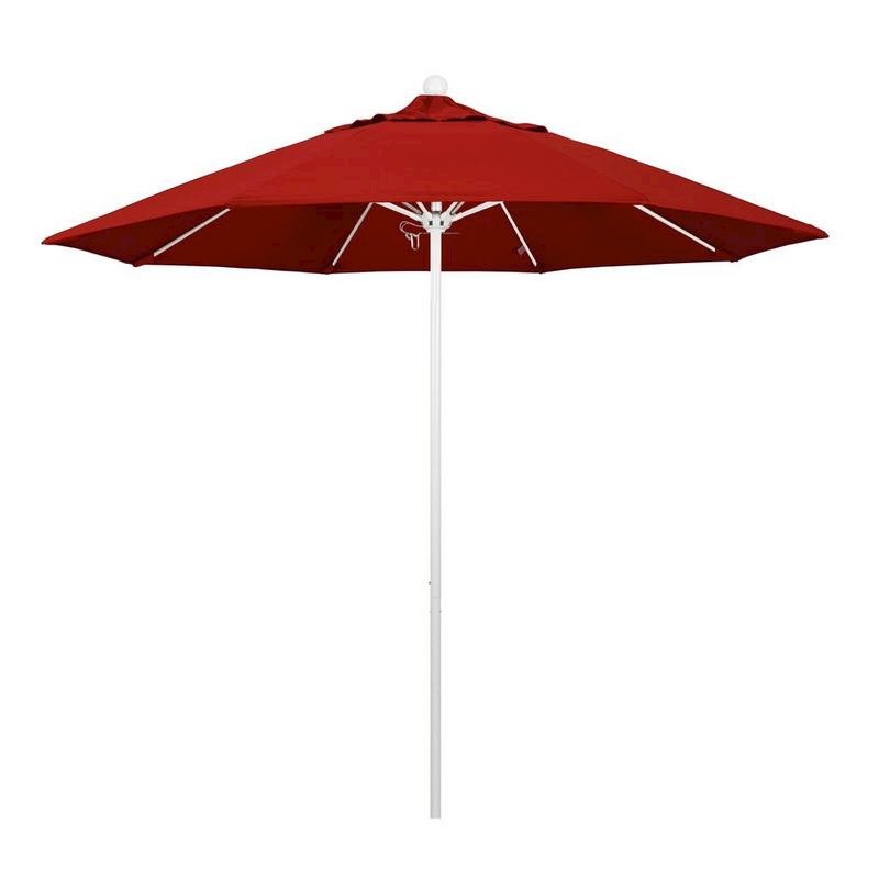 California Umbrella 9' Venture Series Patio Umbrella With Matted White Aluminum Pole Fiberglass Ribs Push Lift With Pacifica Red Fabric
