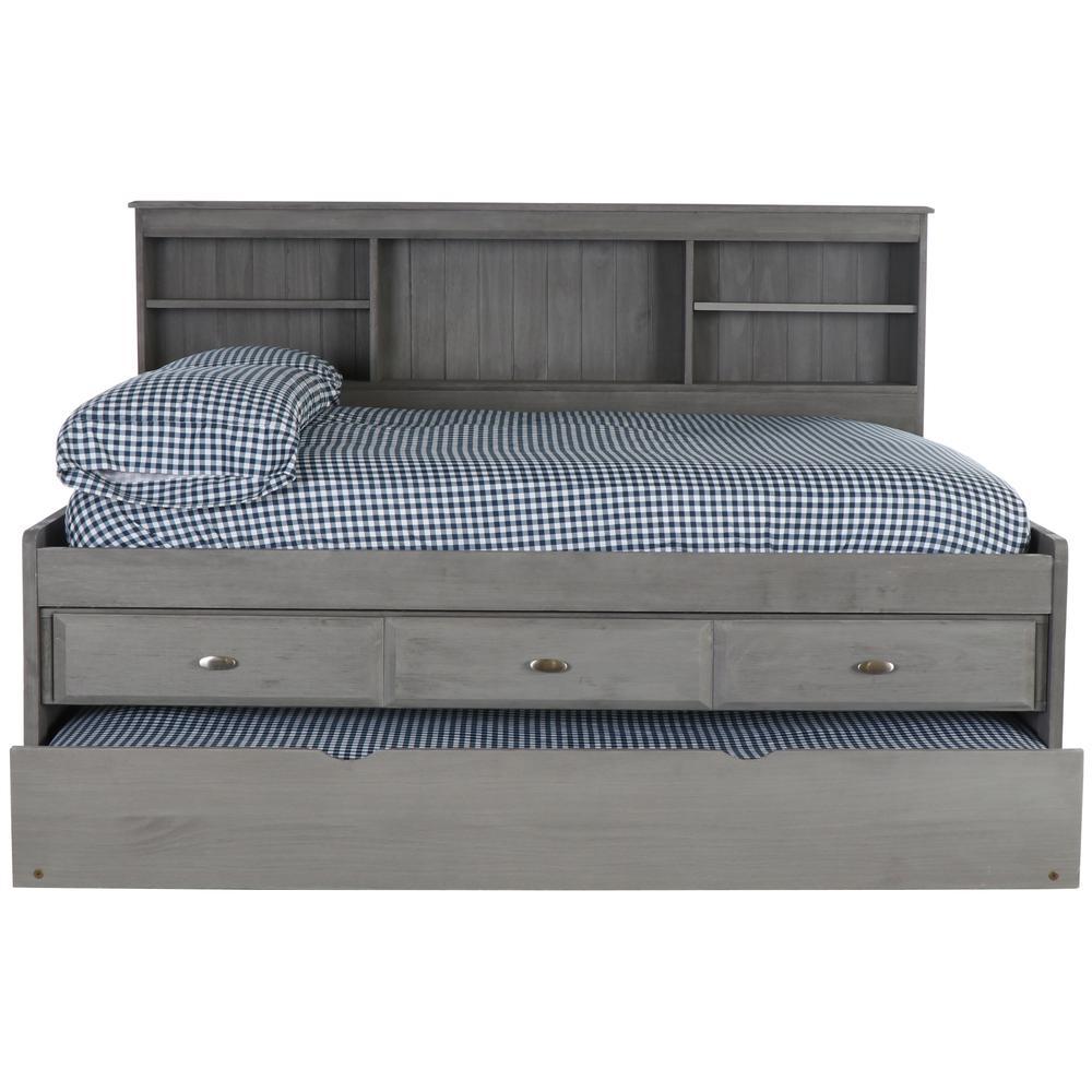 American Furniture Classics OS Home and Office Furniture Model 83223-3-KD, Solid Pine Full Daybed with Three Drawers and Twin Trundle in Charcoal Gray