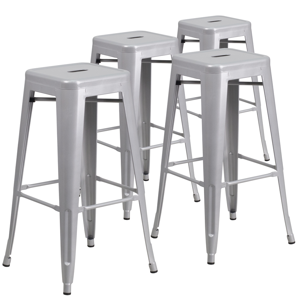 Flash Furniture 4 Pk. 30'' High Backless Silver Metal Indoor-Outdoor Barstool with Square Seat