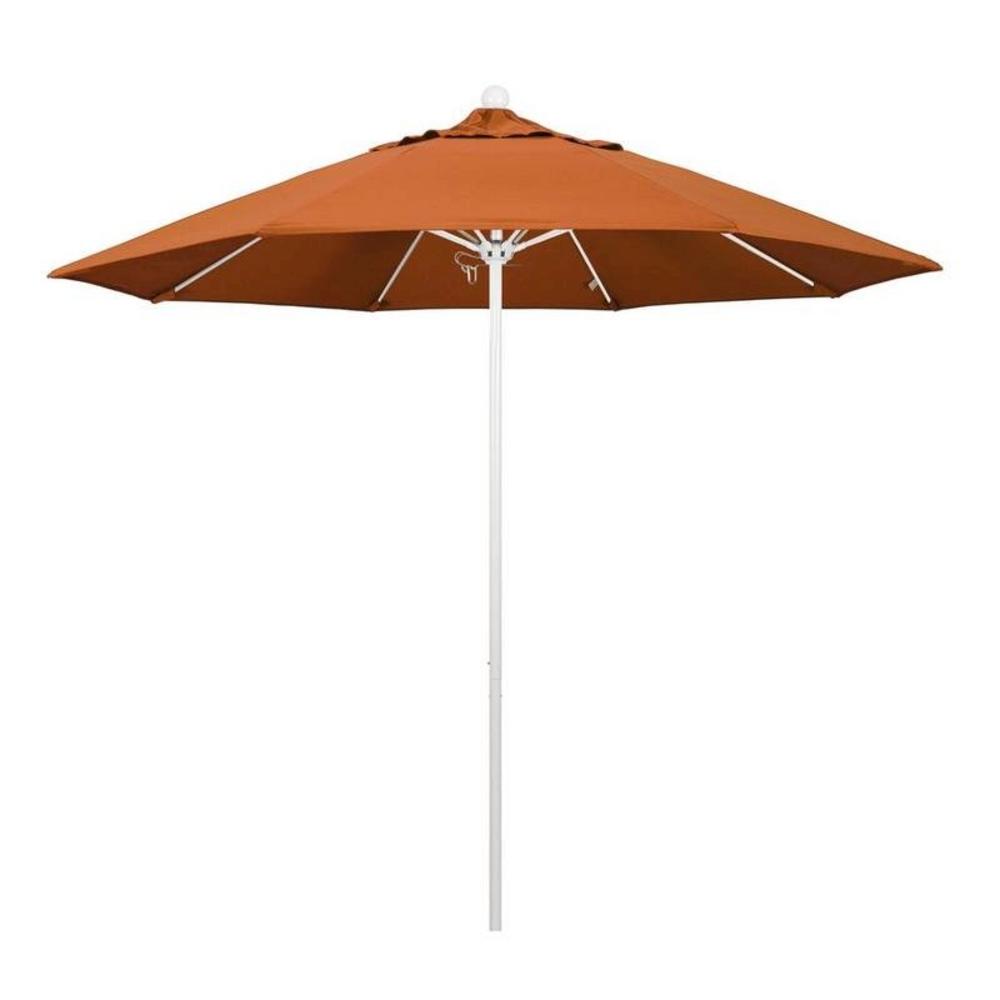 California Umbrella 9' Venture Series Patio Umbrella With Matted White Aluminum Pole Fiberglass Ribs Push Lift With Sunbrella 2A Tuscan Fabric
