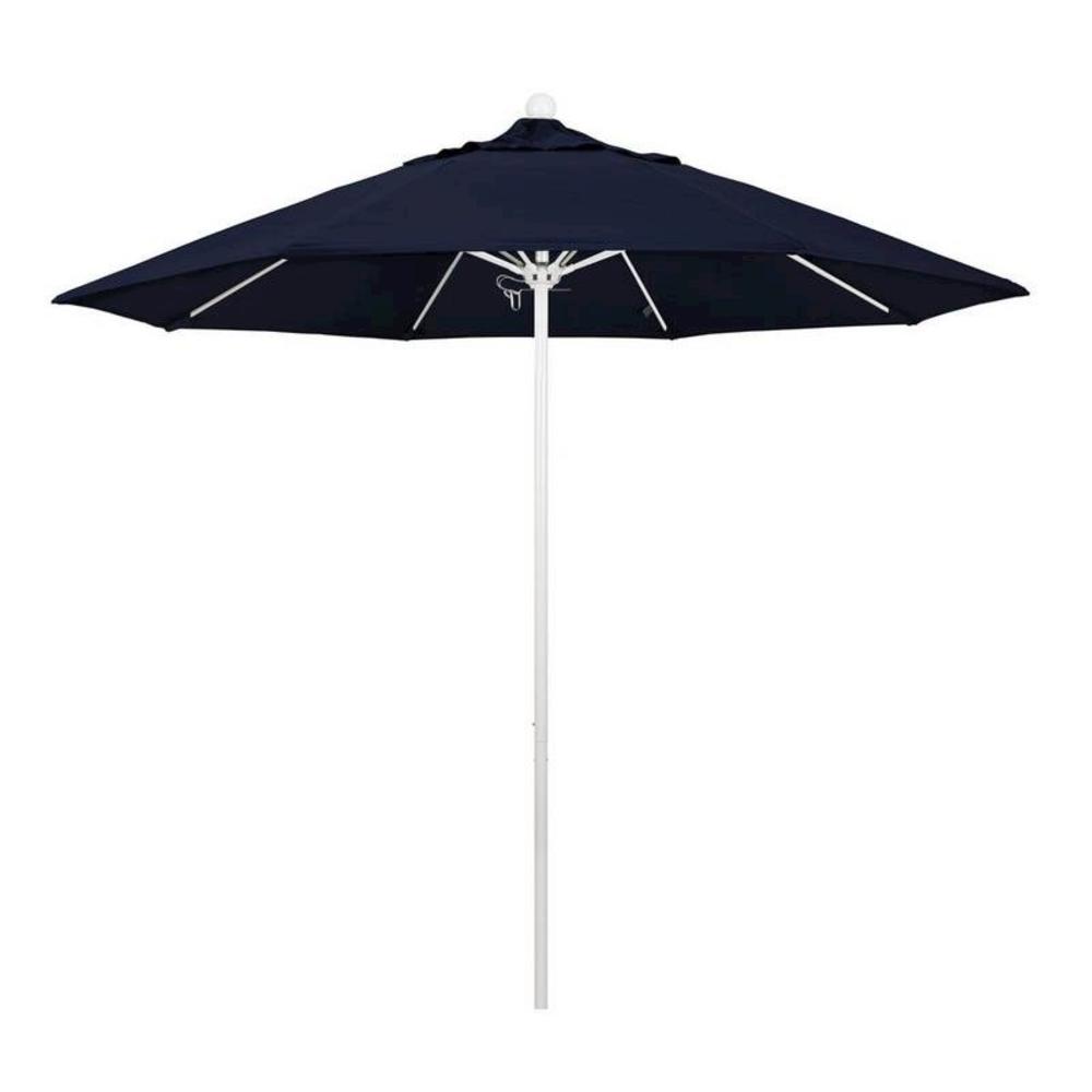 California Umbrella 9' Venture Series Patio Umbrella With Matted White Aluminum Pole Fiberglass Ribs Push Lift With Sunbrella 1A Navy Fabric
