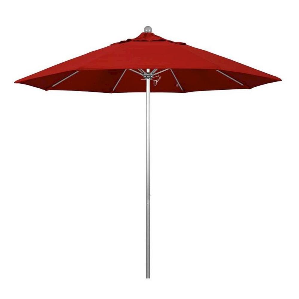 California Umbrella 9' Venture Series Patio Umbrella With Silver Anodized Aluminum Pole Fiberglass Ribs Push Lift With Sunbrella 2A Red Fabric
