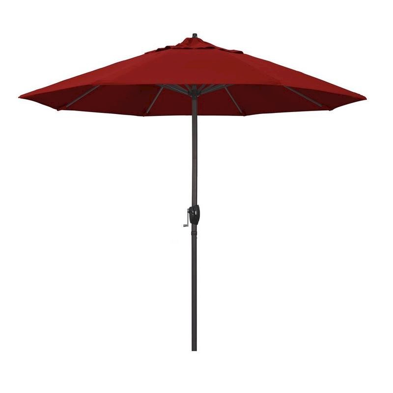 California Umbrella 9' Casa Series Patio Umbrella With Bronze Aluminum Pole Aluminum Ribs Auto Tilt Crank Lift With Sunbrella 2A Jockey Red Fabric