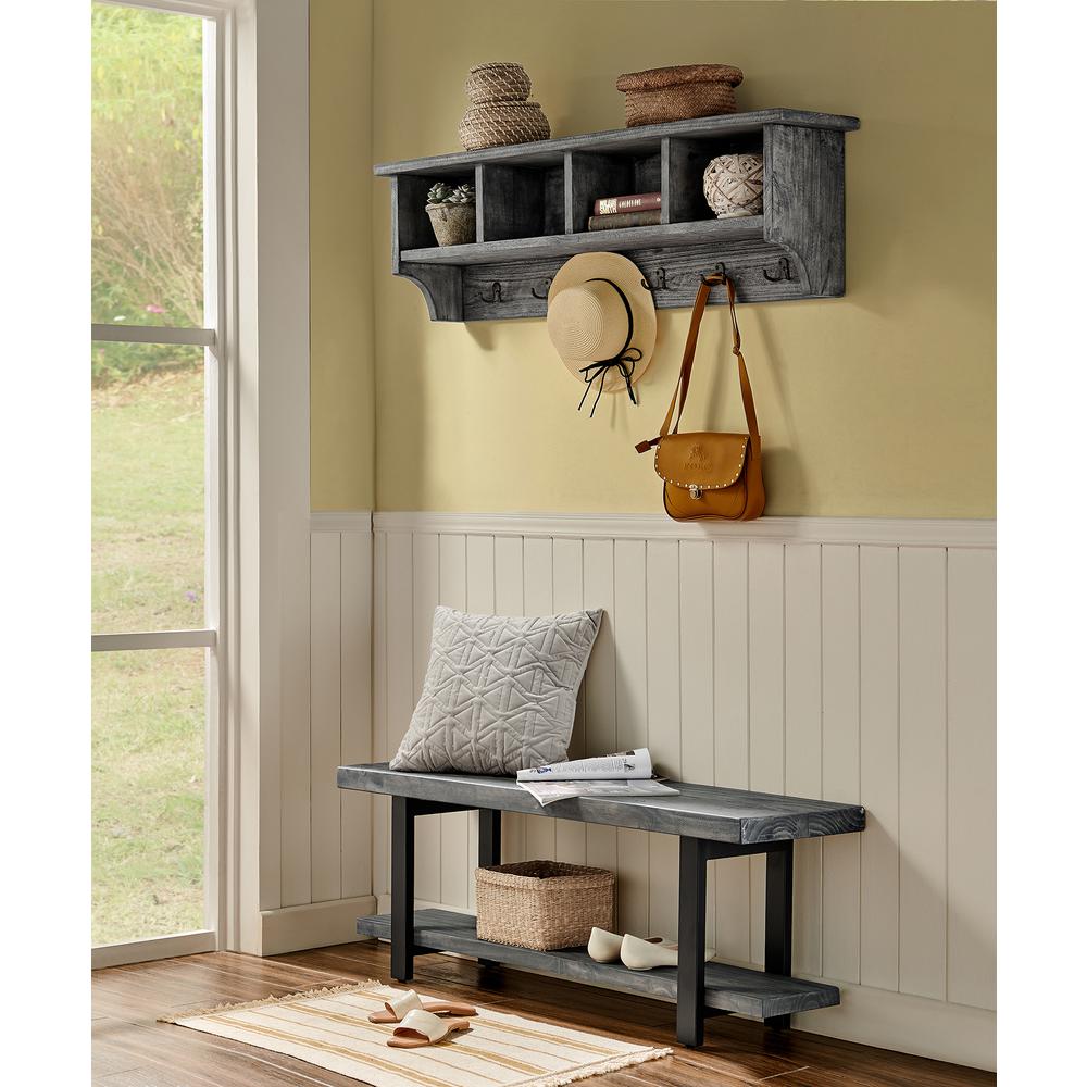 Bolton Furniture Pomona 48" Metal and Reclaimed Wood Entryway Coat Hook with Storage Cubbies, Slate Gray