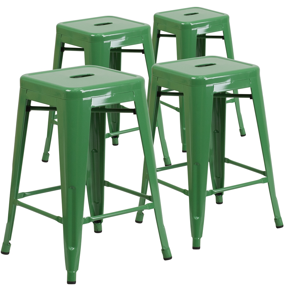 Flash Furniture 4 Pk. 24'' High Backless Green Metal Indoor-Outdoor Counter Height Stool with Square Seat