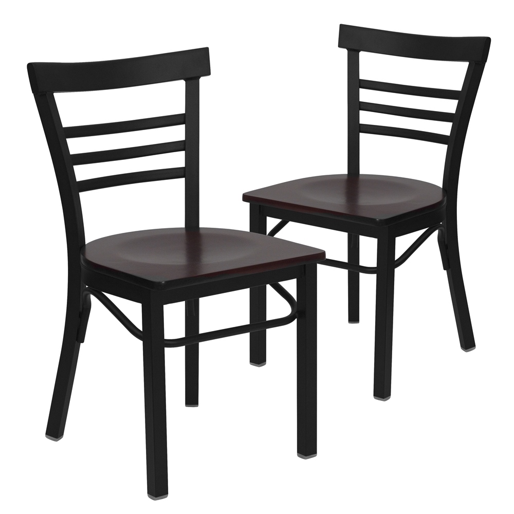Flash Furniture 2 Pk. HERCULES Series Black Ladder Back Metal Restaurant Chair - Mahogany Wood Seat