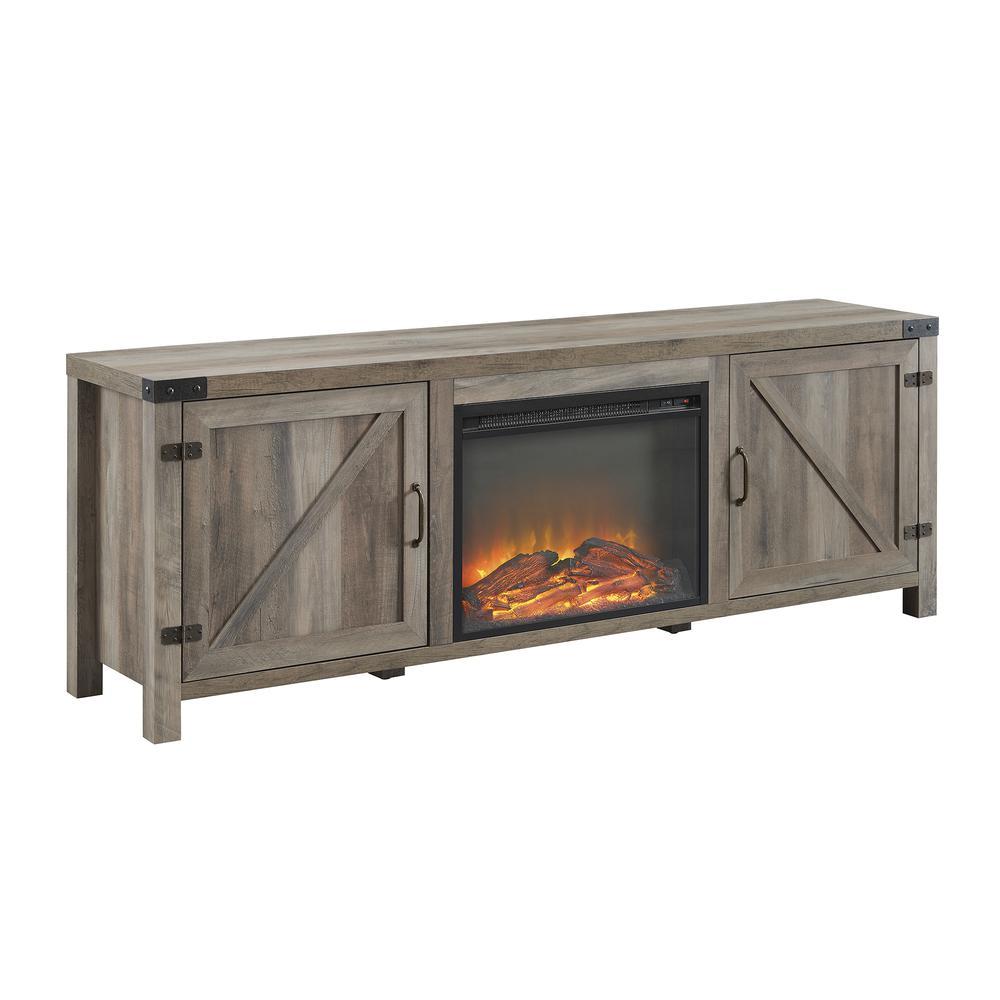 Walker Edison Farmhouse Barn Door Fireplace TV Stand for TVs up to 80” – Grey Wash