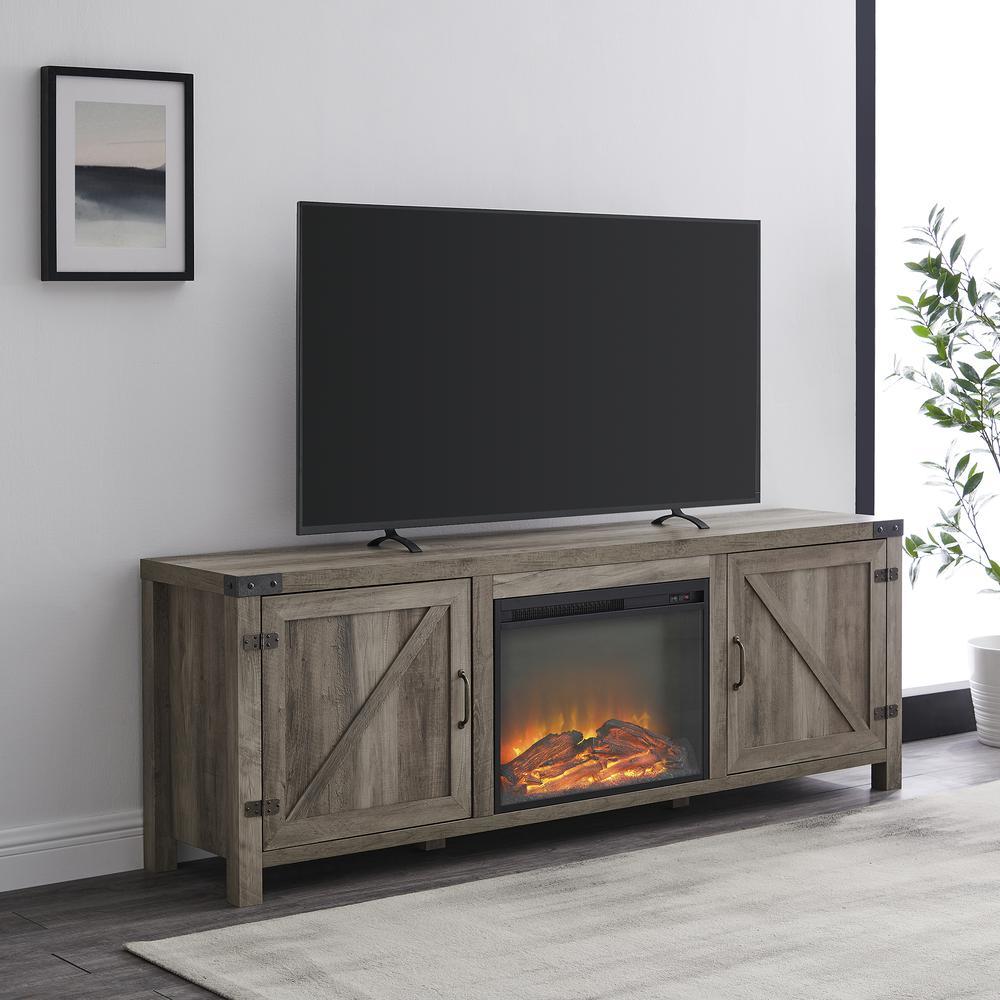 Walker Edison Farmhouse Barn Door Fireplace TV Stand for TVs up to 80” – Grey Wash