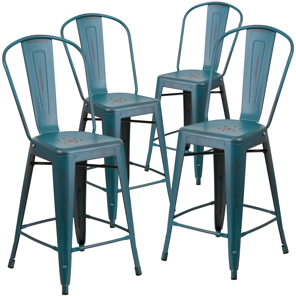 Flash Furniture 4 Pk. 24'' High Distressed Kelly Blue Metal Indoor Counter Height Stool with Back