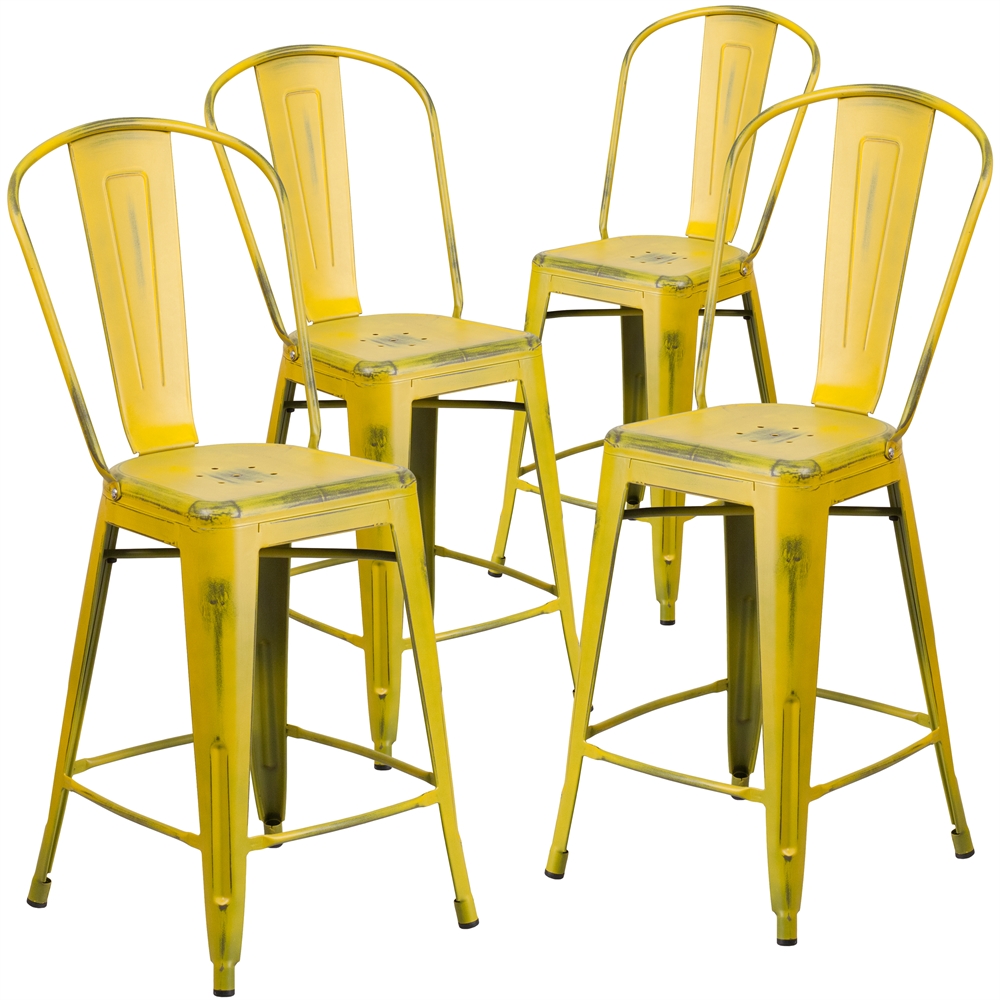 Flash Furniture 4 Pk. 24'' High Distressed Yellow Metal Indoor Counter Height Stool with Back