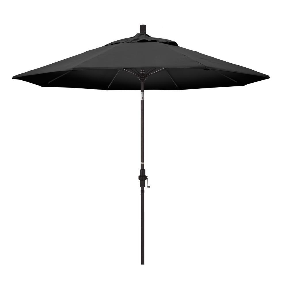 California Umbrella 9' Sun Master Series Patio Umbrella With Bronze Aluminum Pole Fiberglass Ribs Collar Tilt Crank Lift With Olefin Black Fabric