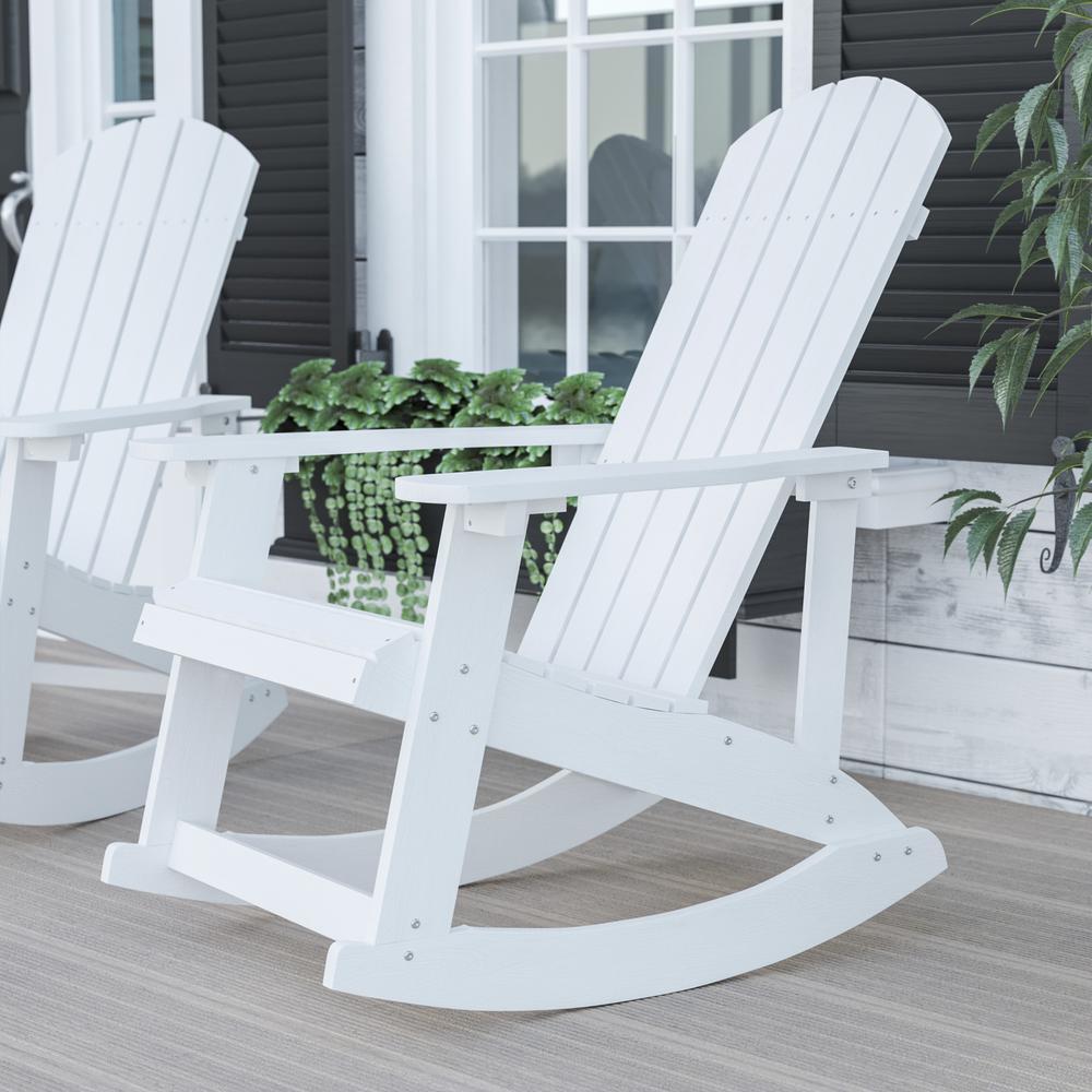 Flash Furniture Savannah All-Weather Poly Resin Wood Adirondack Rocking Chair with Rust Resistant Stainless Steel Hardware in White