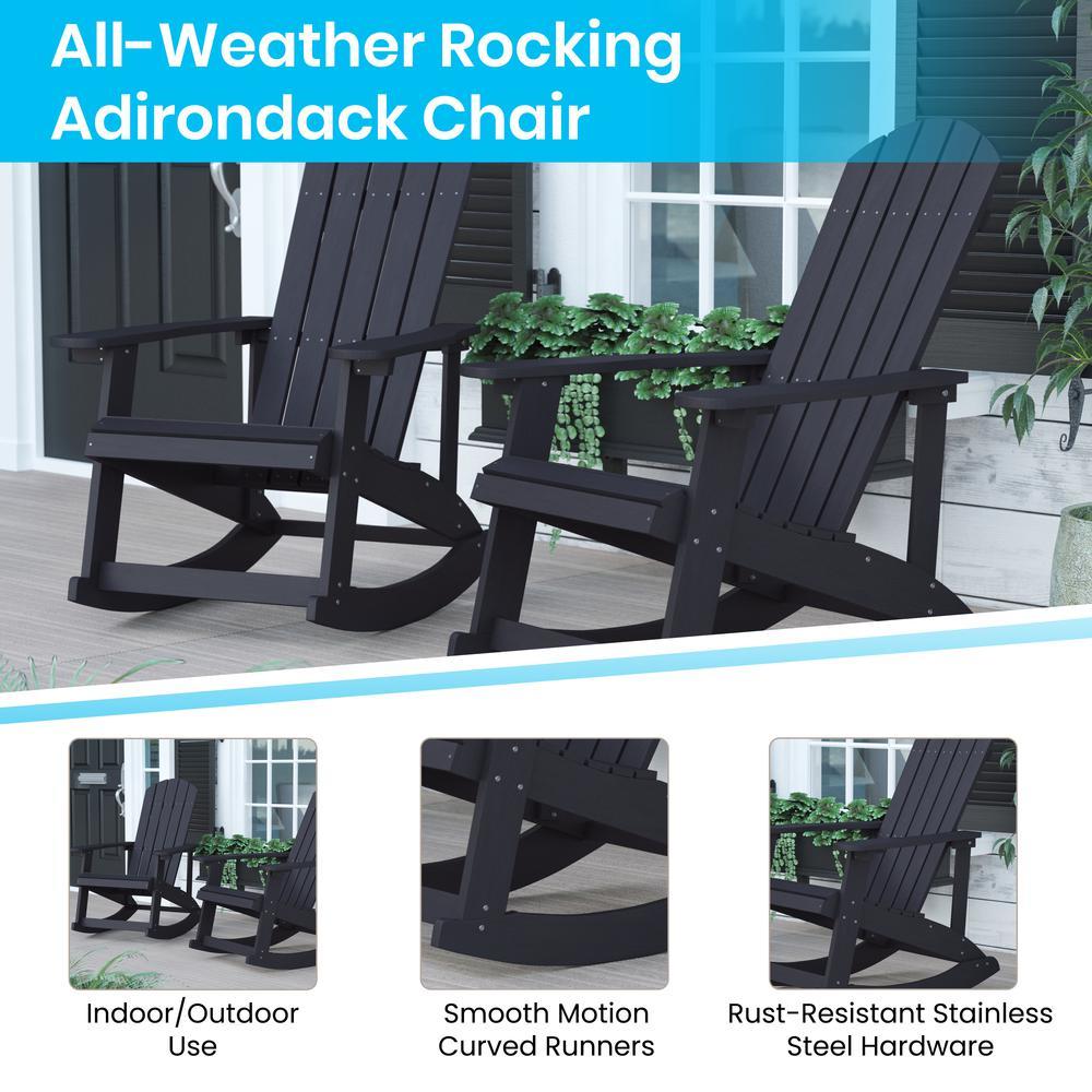 Flash Furniture Savannah All-Weather Poly Resin Wood Adirondack Rocking Chair with Rust Resistant Stainless Steel Hardware in Black