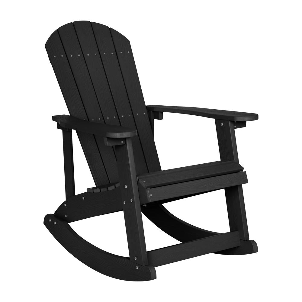 Flash Furniture Savannah All-Weather Poly Resin Wood Adirondack Rocking Chair with Rust Resistant Stainless Steel Hardware in Black