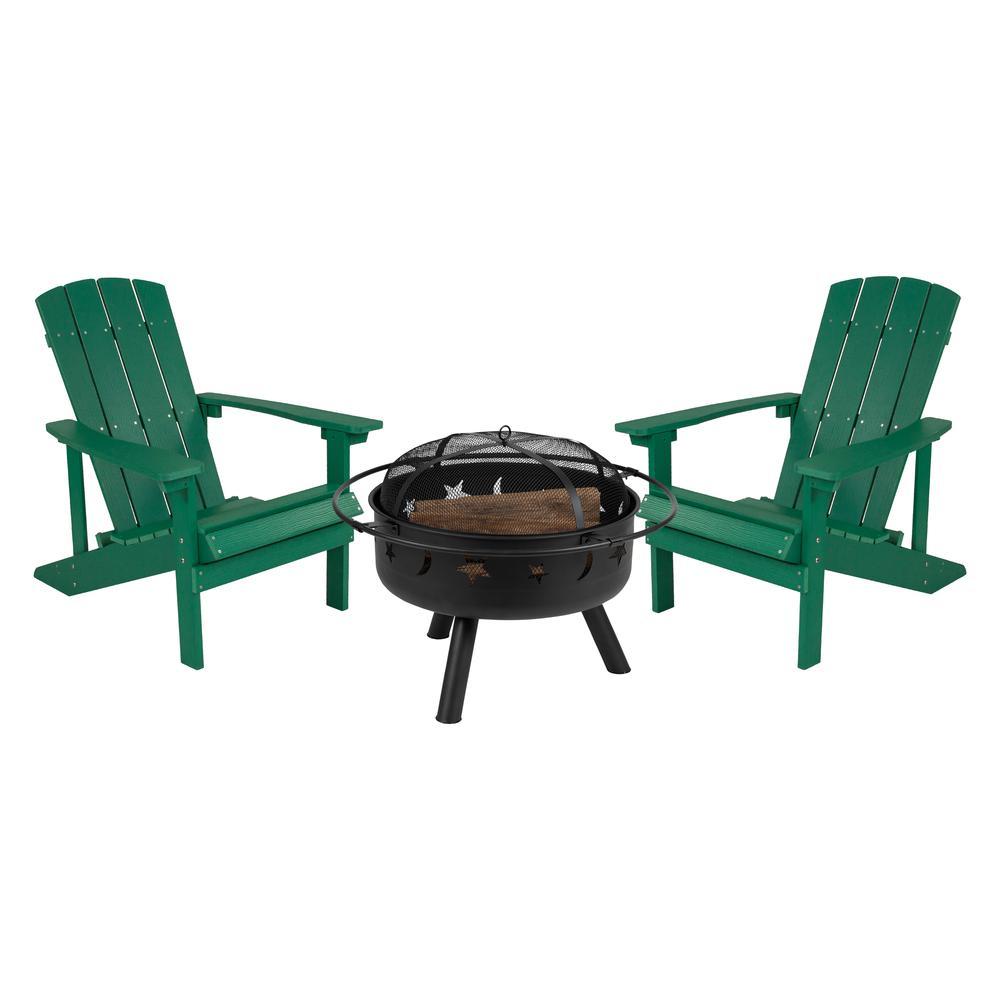 Flash Furniture 3 Piece Charlestown Green Poly Resin Wood Adirondack Chair Set with Fire Pit - Star and Moon Fire Pit with Mesh Cover