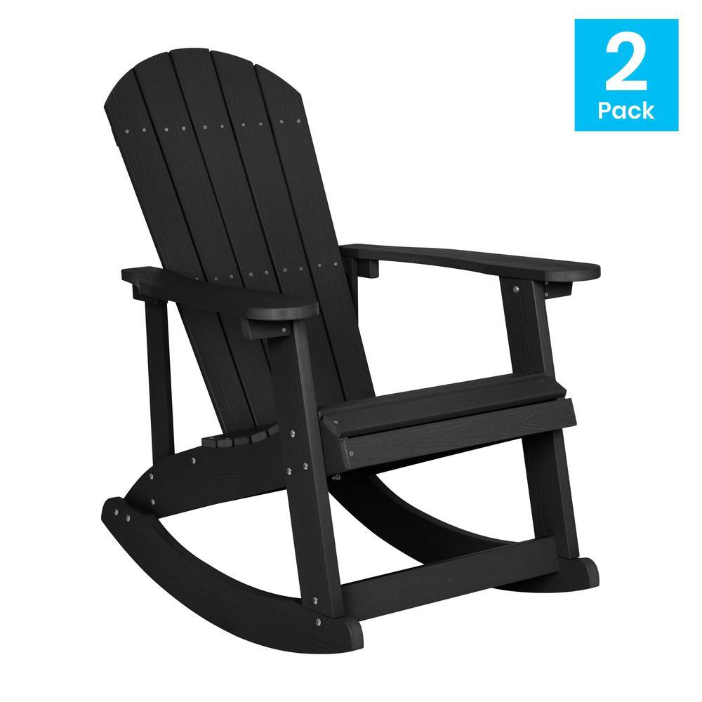 Flash Furniture Savannah All-Weather Poly Resin Wood Adirondack Rocking Chair with Rust Resistant Stainless Steel Hardware in Black - Set of 2