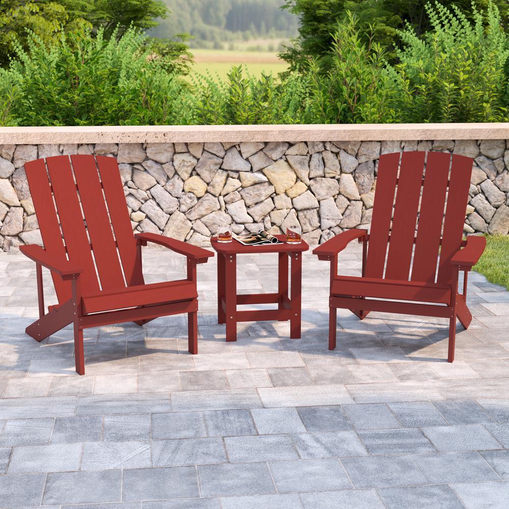 Flash Furniture 2 Pack Charlestown All-Weather Poly Resin Wood Adirondack Chairs with Side Table in Red