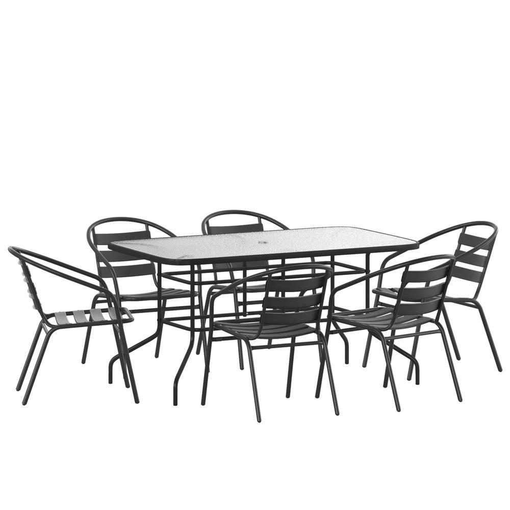 Flash Furniture 7 Piece Outdoor Patio Dining Set - 55" Tempered Glass Patio Table with Umbrella Hole, 6 Black Metal Aluminum Slat Stack Chairs
