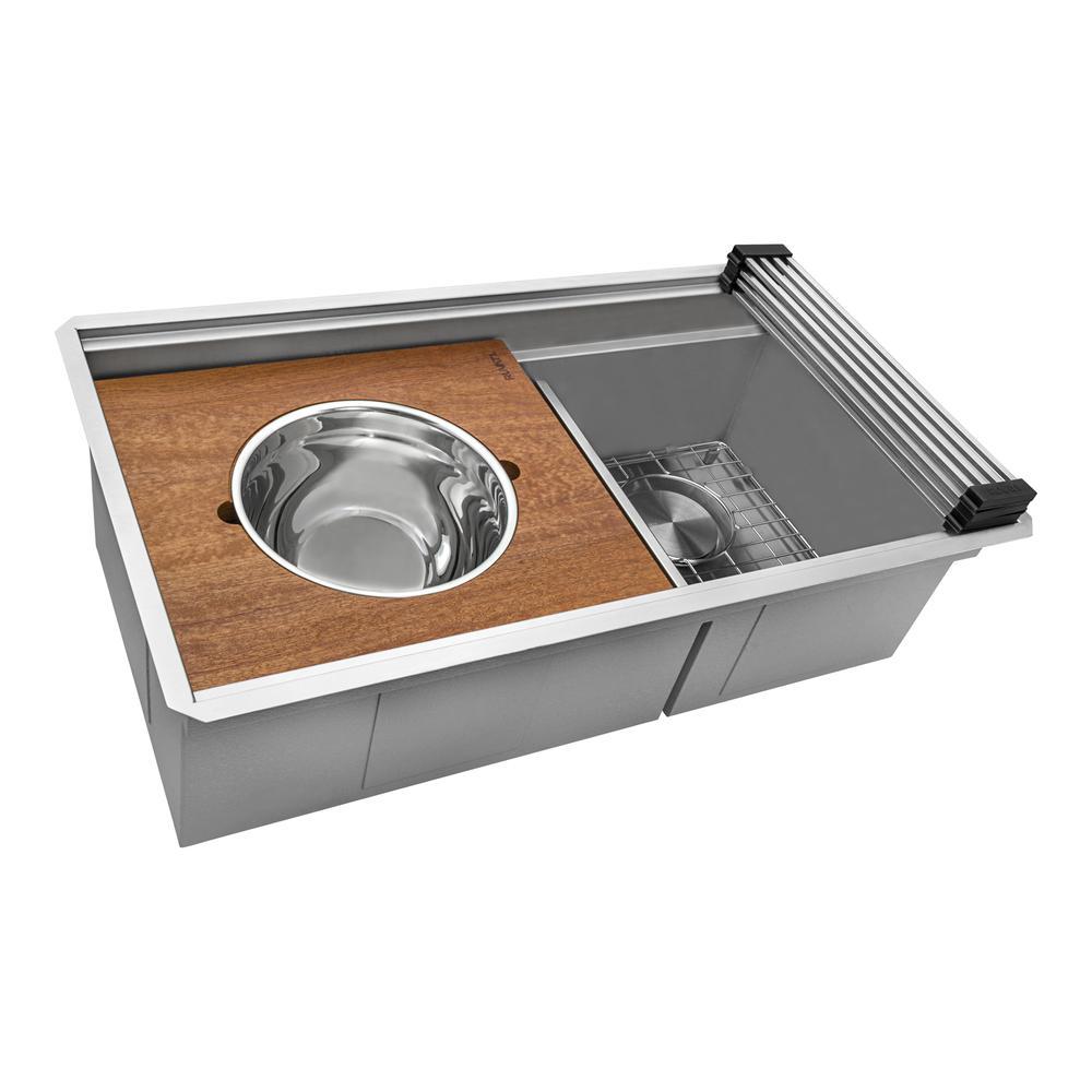 Ruvati 33-inch Workstation Dual Tier Double Bowl Low Divide Undermount 16 Gauge Stainless Steel Kitchen Sink - RVH8255