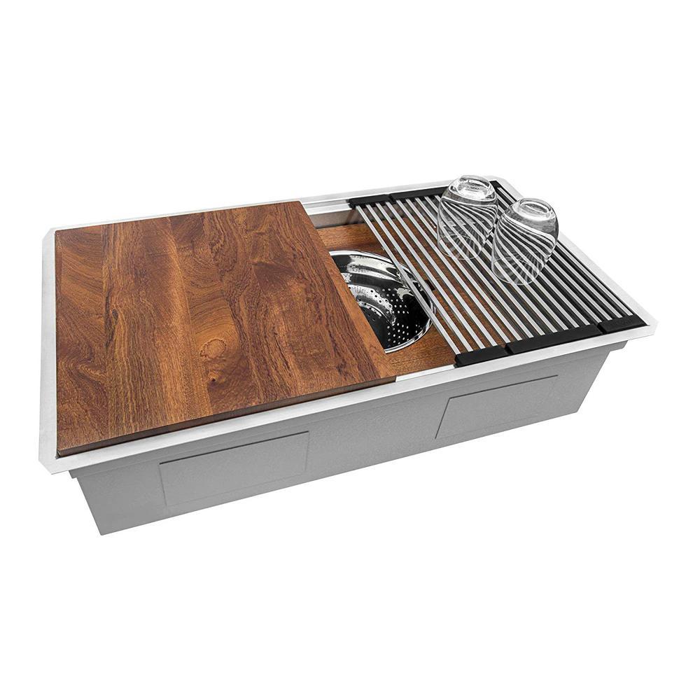 Ruvati 33-inch Workstation Dual Tier Double Bowl Low Divide Undermount 16 Gauge Stainless Steel Kitchen Sink - RVH8255