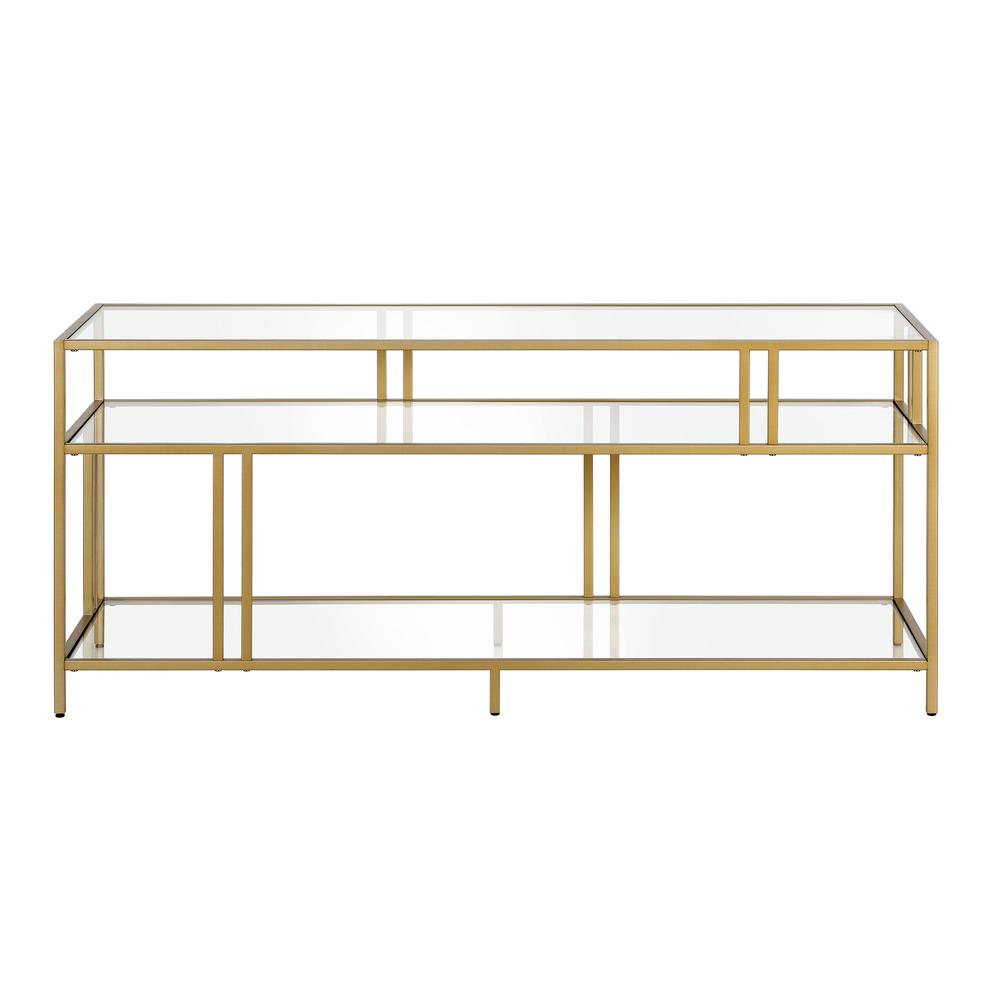 Photo 1 of HudsonCanal Cortland Rectangular TV Stand with Glass Shelves for TV's up to 60 in Brass