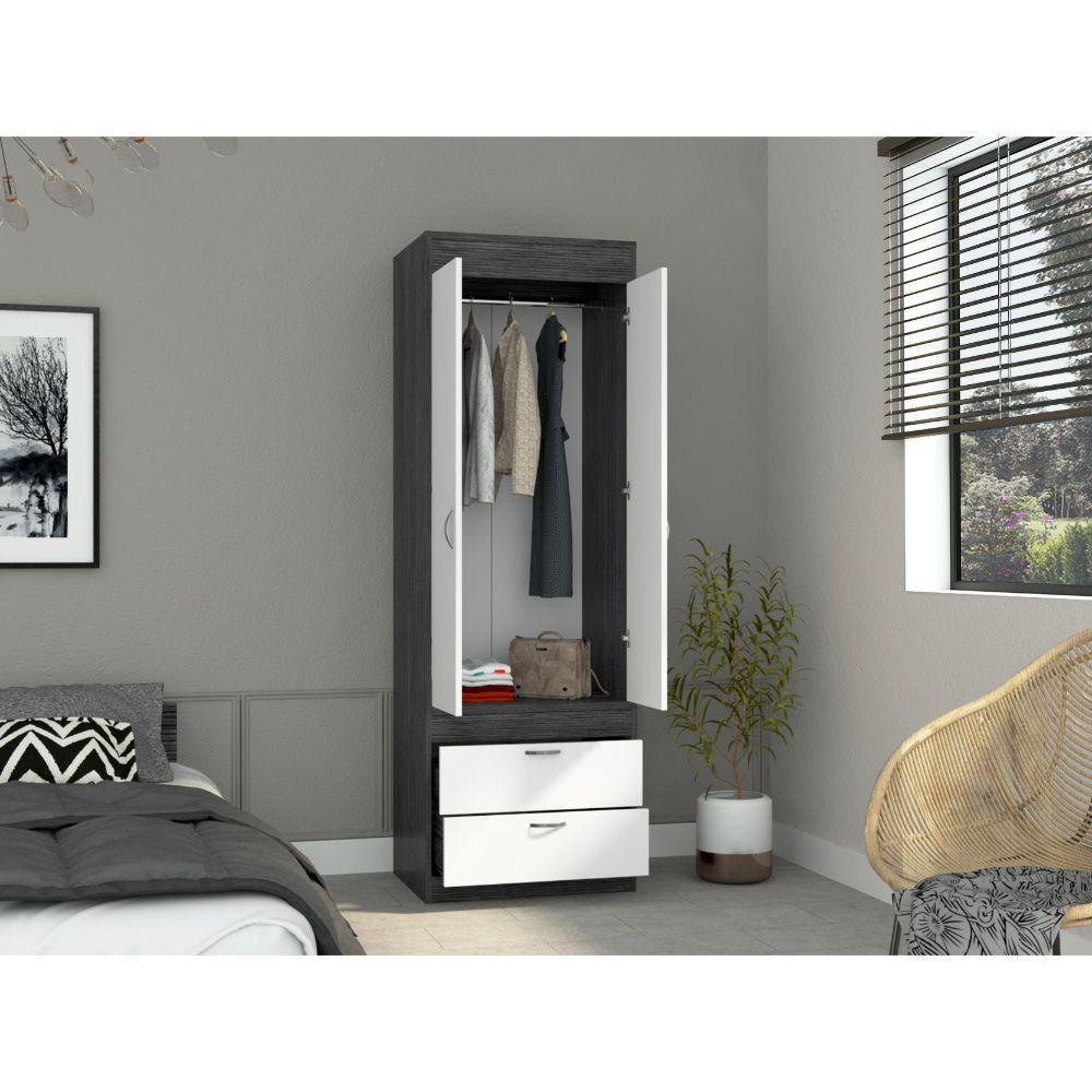 DEPOT E -SHOP DEPOT E-SHOP Portugal Armoire, Two-Door Armoire, Two Drawers, Metal Handles, Rod, Smoky Oak/White, For Bedroom