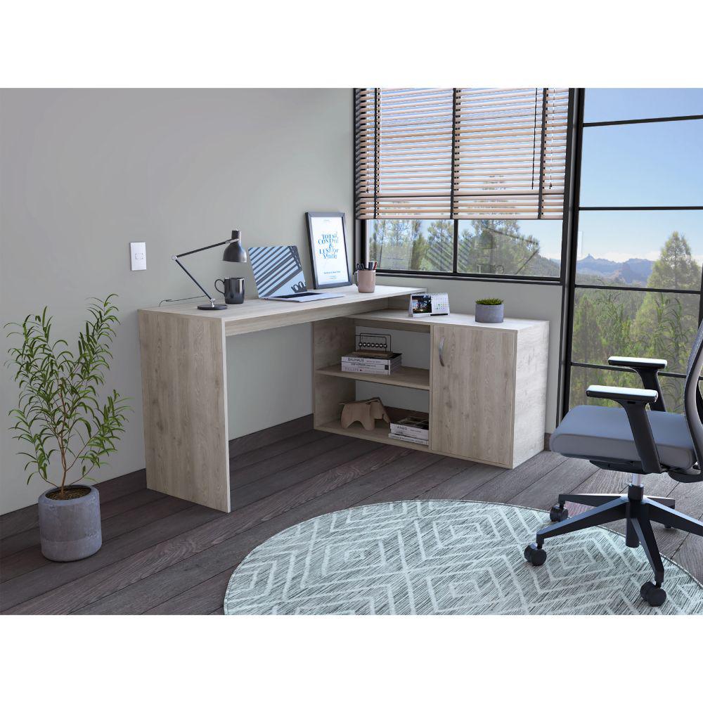 DEPOT E -SHOP DEPOT E-SHOP Pearl Desk, L-Shaped, One-Door Cabinet, Two Shelves-Light Grey, For Office