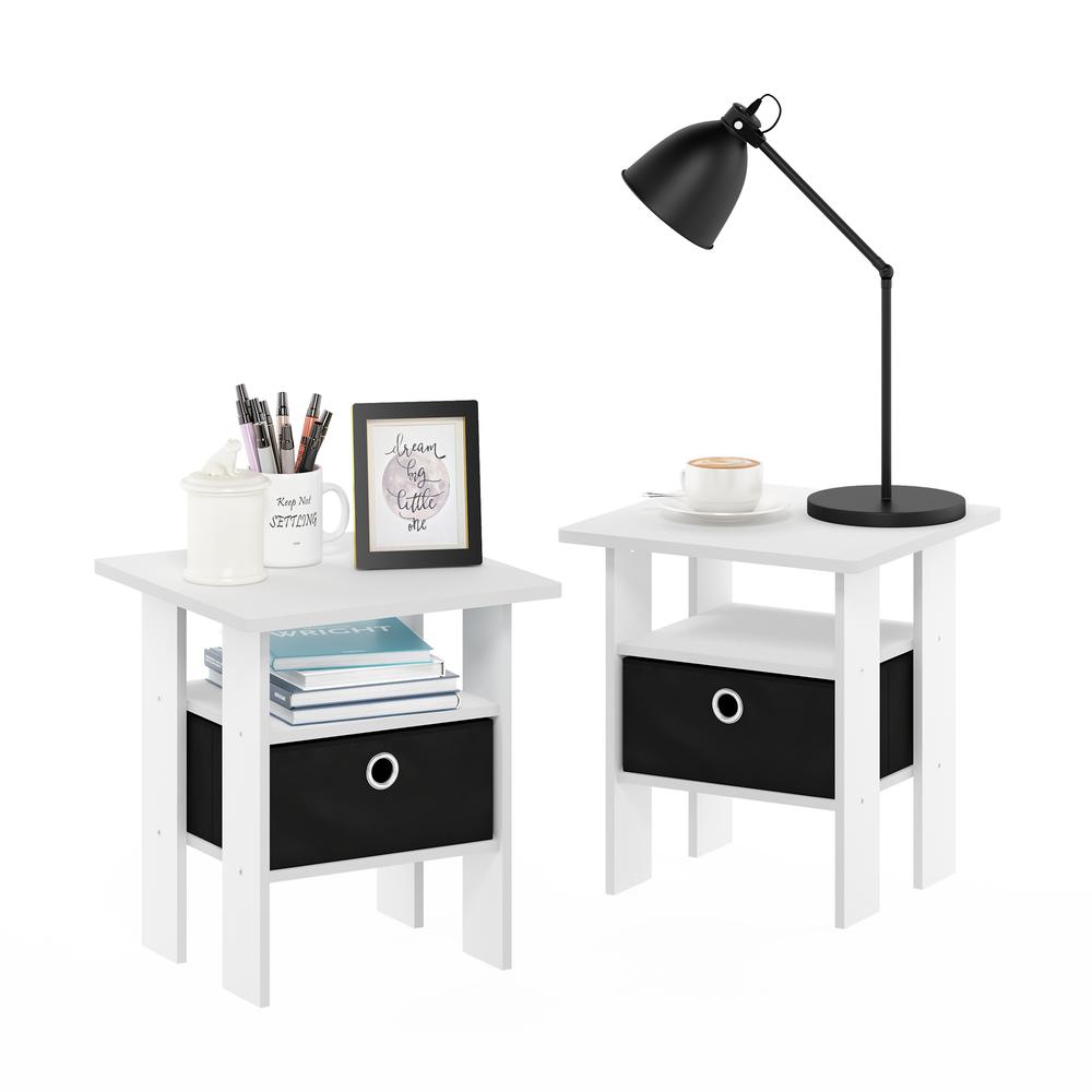 Furinno Andrey End Table Nightstand with Bin Drawer, White/Black, Set of 2