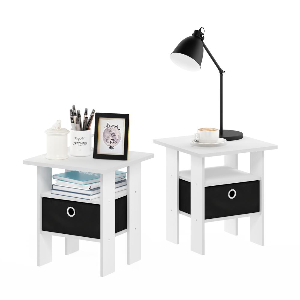 Furinno Andrey End Table Nightstand with Bin Drawer, White/Black, Set of 2
