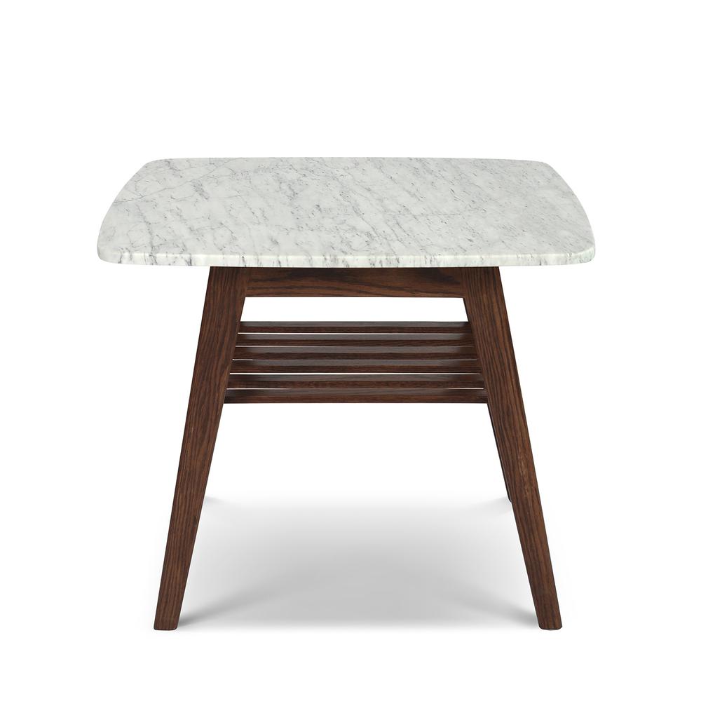 The Bianco Collection Cassoro 24" Square Italian Carrara White Marble Side Table with Walnut Shelf