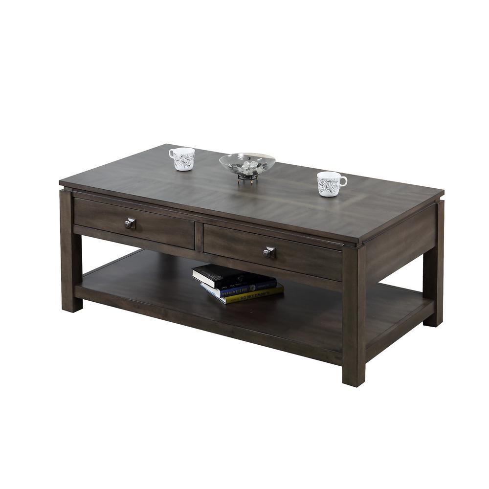 Besthom Shades of Gray 50 in. Weathered Grey Rectangular Solid Wood Coffee Table with 2 Drawers
