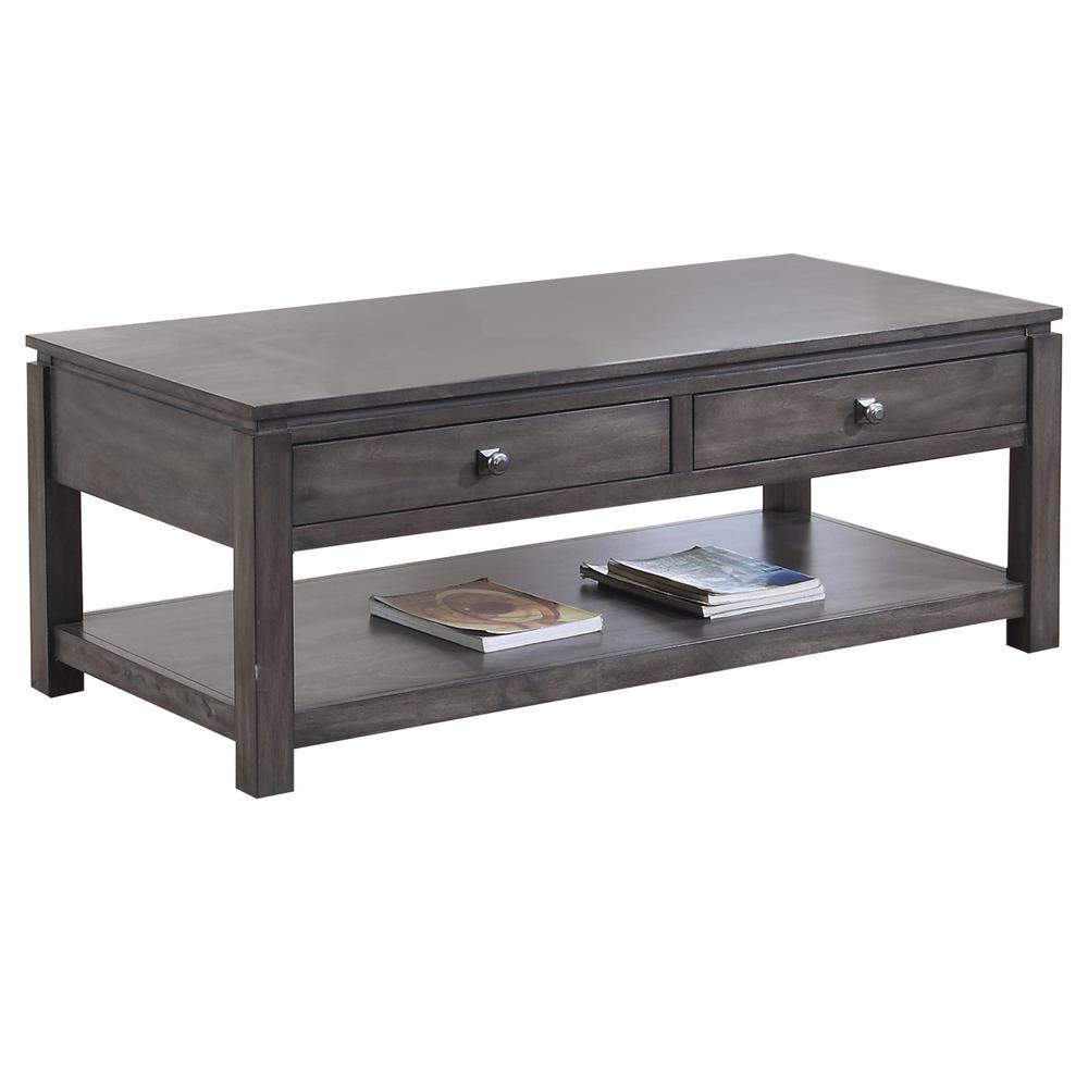 Besthom Shades of Gray 50 in. Weathered Grey Rectangular Solid Wood Coffee Table with 2 Drawers