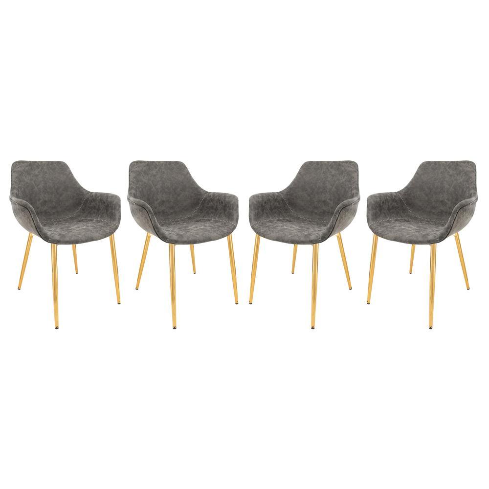 LeisureMod Markley Modern Leather Dining Arm Chair With Gold Metal Legs Set of 4 - Grey