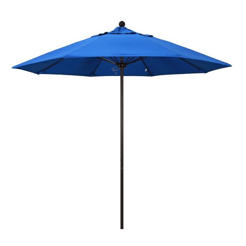 California Umbrella 9' Venture Series Patio Umbrella With Bronze Aluminum Pole Fiberglass Ribs Push Lift With Olefin Royal Blue Fabric