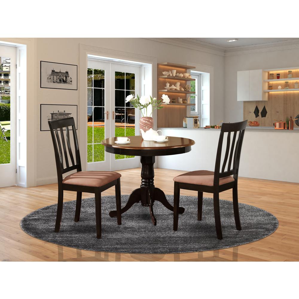 East West Furniture ANTI3-BLK-C 3 PC Kitchen Table set-round Kitchen Table plus 2 Dining Chairs