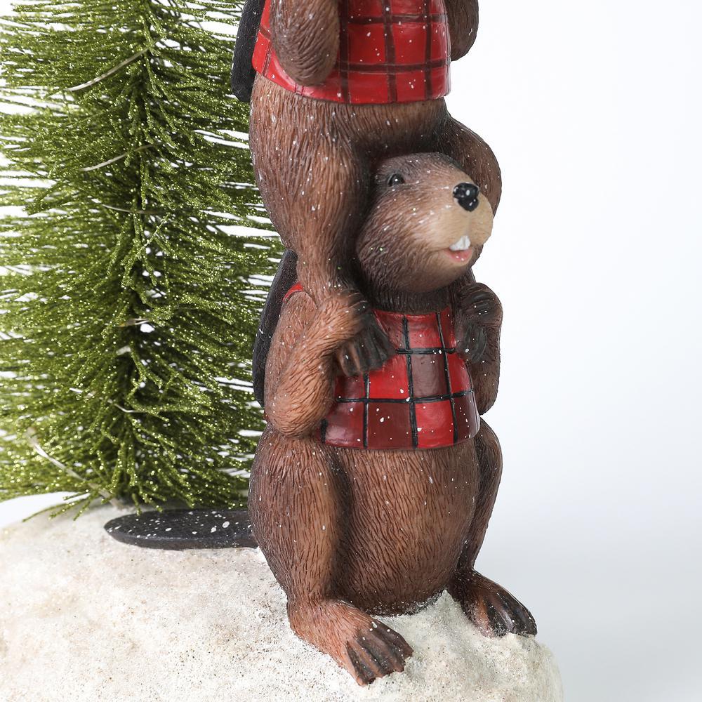 Luxen Home Stacking Beavers with Christmas Tree Statuary with LED Light