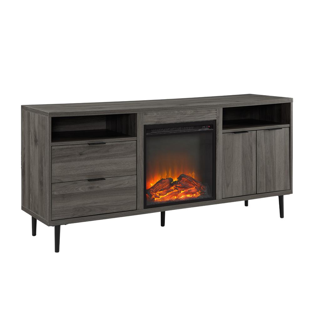 Walker Edison 60" Modern Storage Fireplace Console - Slate Grey
