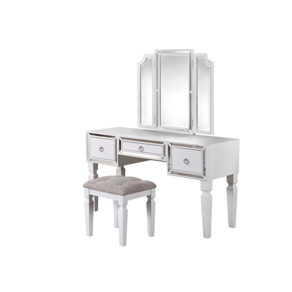 Poundex Wooden Makeup Vanity Set with Tri-fold Mirror and Stool - White, 54" W x 19" D x 60" H, Package Weight 114