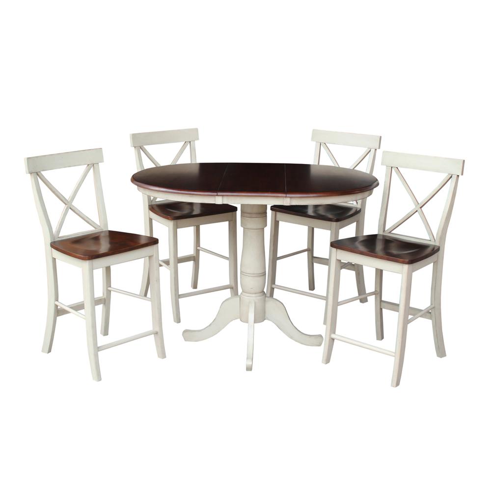 International Concepts 36" Round Extension Dining Table 34.9"H With 4 X-Back Counter height Stools, Antiqued Almond/Espresso