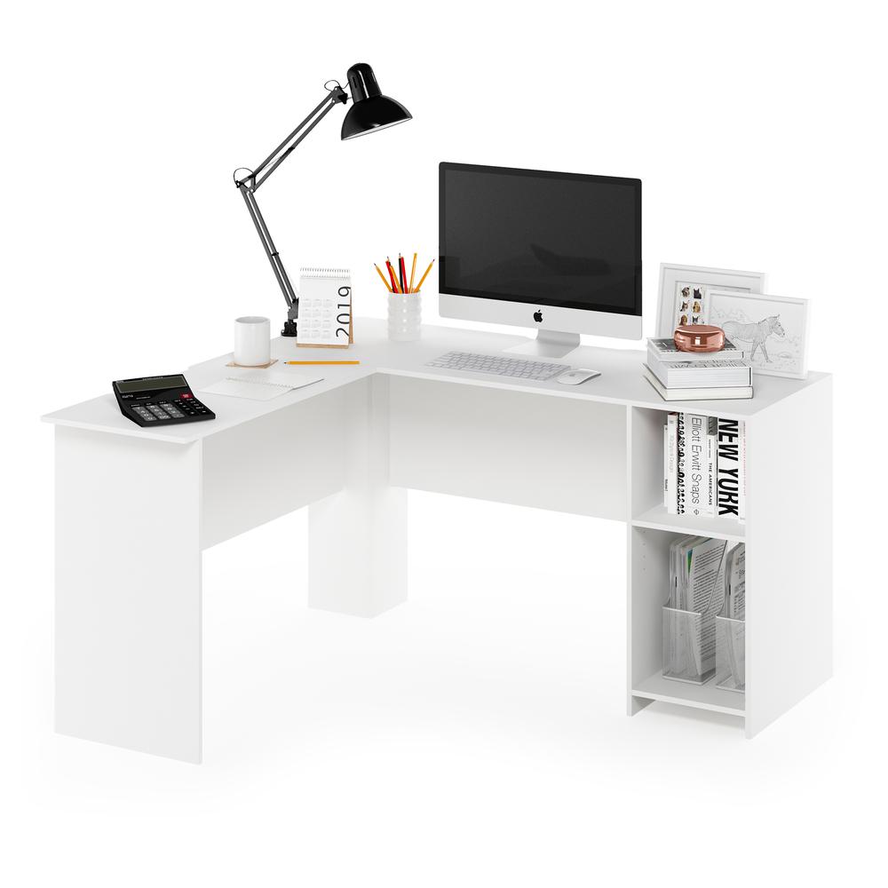 Furinno Indo L-Shaped Desk with Bookshelves, White