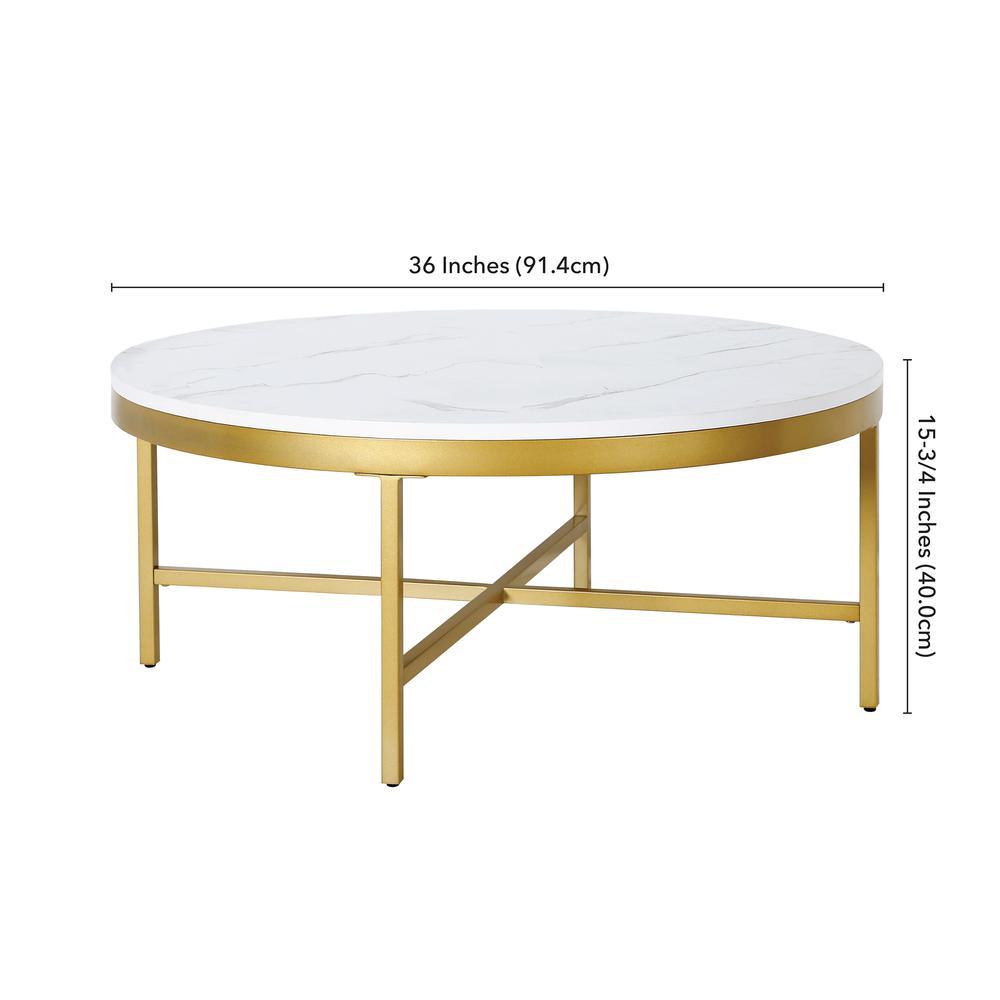 Hudson&Canal Xivil 36'' Wide Round Coffee Table with Faux Marble Top in Brass/Faux Marble