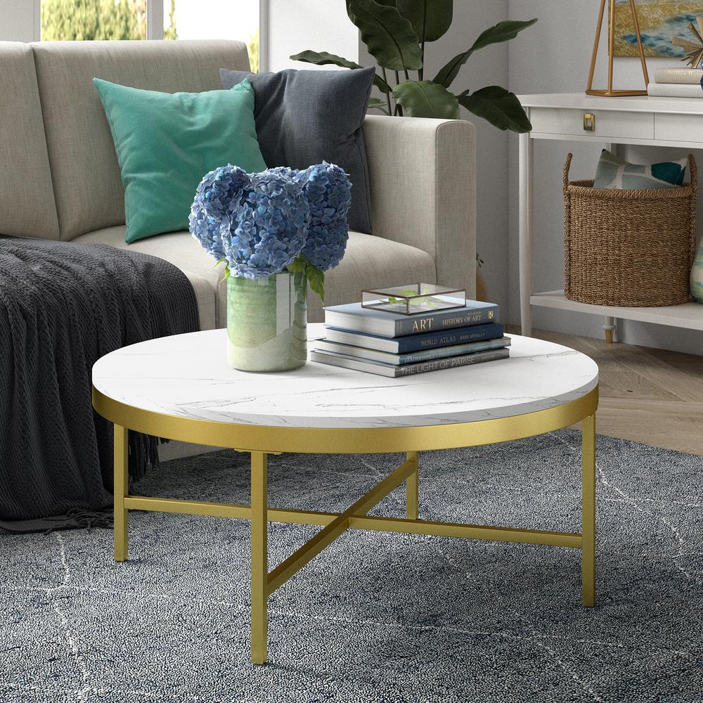 Hudson&Canal Xivil 36'' Wide Round Coffee Table with Faux Marble Top in Brass/Faux Marble
