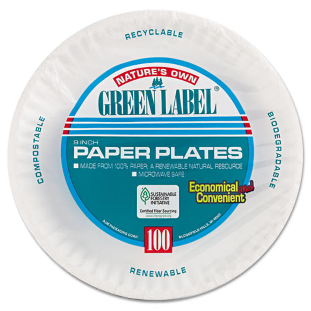 AJM Paper Plates, 9" dia, White, 100/Pack, 12 Packs/Carton