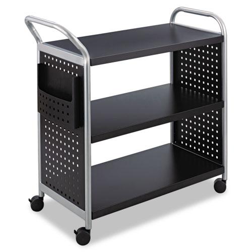 Safco Scoot Three Shelf Utility Cart, Metal, 3 Shelves, 1 Bin, 300 lb Capacity, 31" x 18" x 38", Black/Silver
