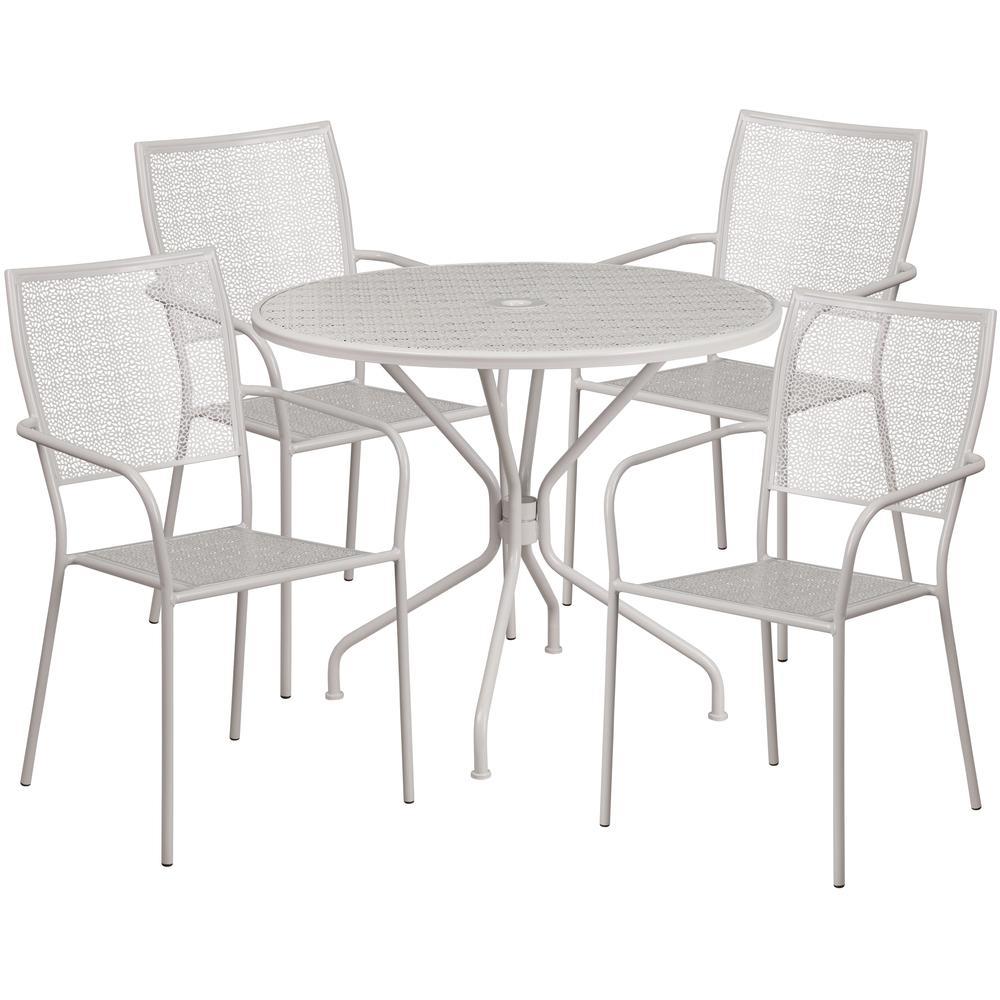 Flash Furniture Commercial Grade 35.25" Round Light Gray Indoor-Outdoor Steel Patio Table Set with 4 Square Back Chairs