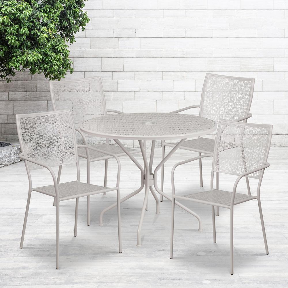 Flash Furniture Commercial Grade 35.25" Round Light Gray Indoor-Outdoor Steel Patio Table Set with 4 Square Back Chairs