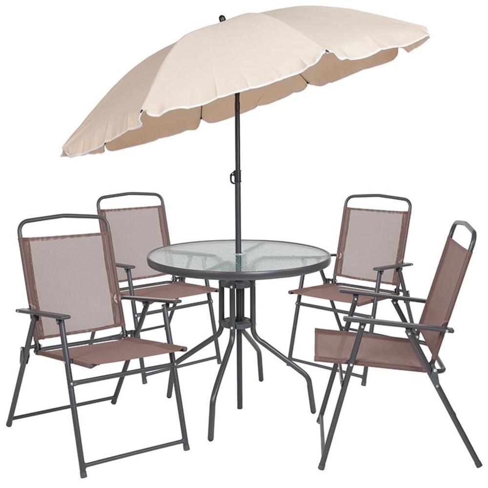 Flash Furniture Nantucket 6 Piece Brown Patio Garden Set with Table, Tan Umbrella and 4 Folding Chairs