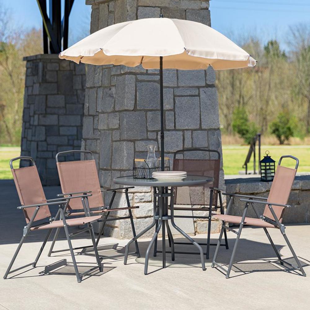 Flash Furniture Nantucket 6 Piece Brown Patio Garden Set with Table, Tan Umbrella and 4 Folding Chairs