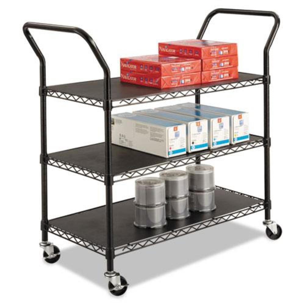 Safco Wire Utility Cart, Metal, 3 Shelves, 600 lb Capacity, 43.75" x 19.25" x 40.5", Black